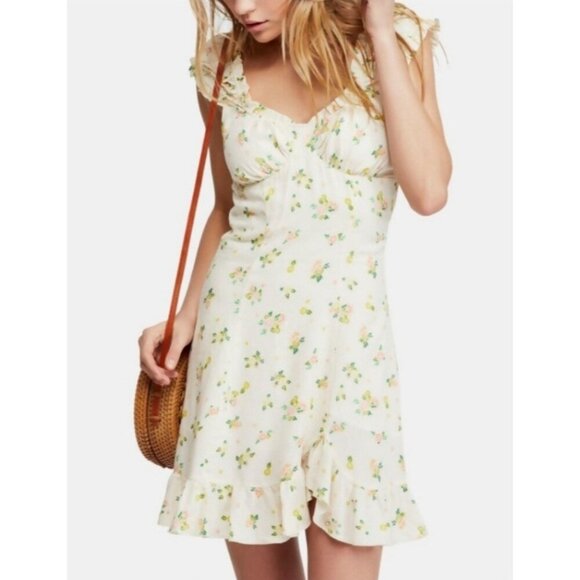 NEW! Free People Like a Lady Citrus Lemon Print Summer Dress Linen Blend Ivory L - Picture 2 of 14